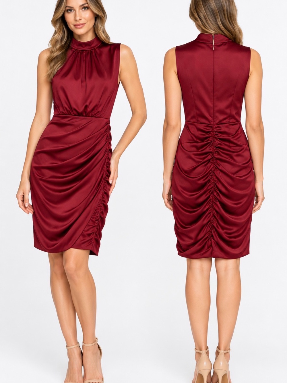NWT Julia Jordan Burgundy Satin Ruched Mock Neck Dress Size 4
